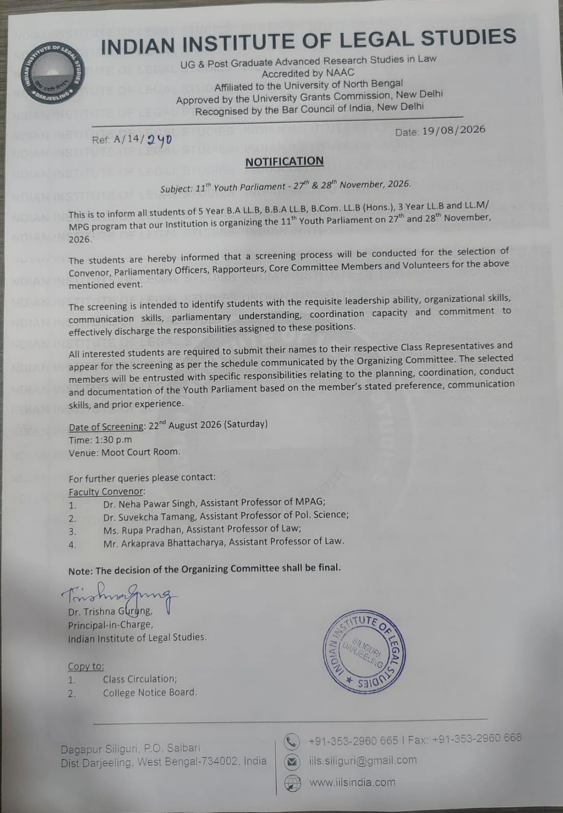Notice for 11th Youth Parliament