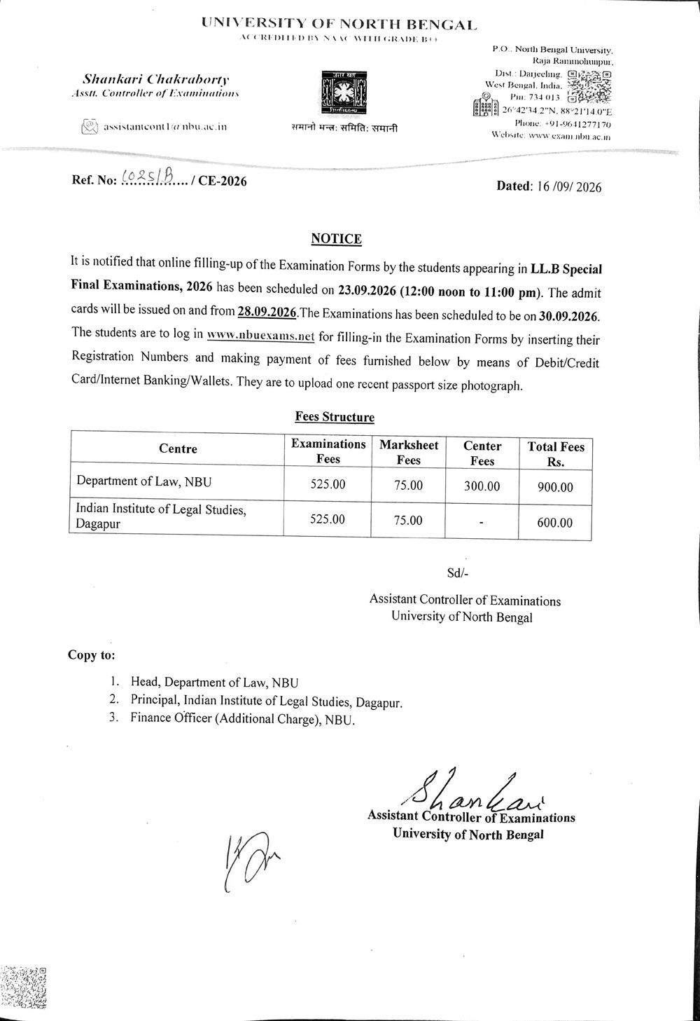 NBU Notice for Special Final Examinations – Form Fill-Up