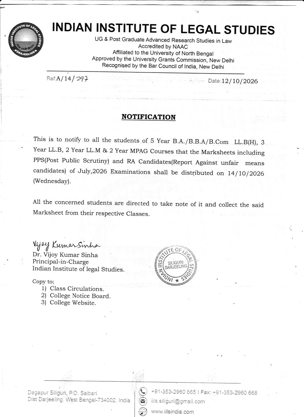 Notice Regarding Result Distribution