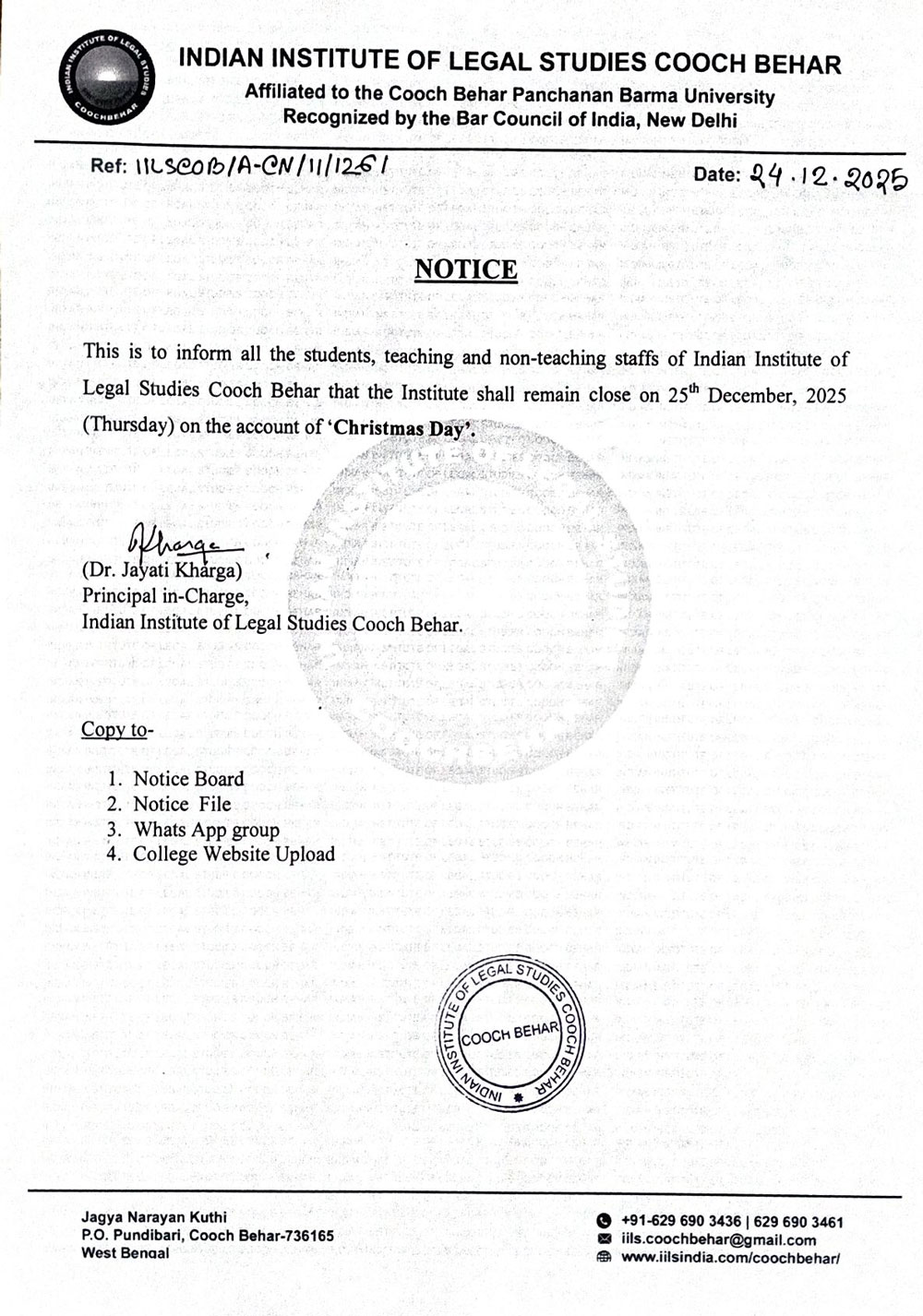 Notice of Holiday on 25th December 2025 (Christmas Day)