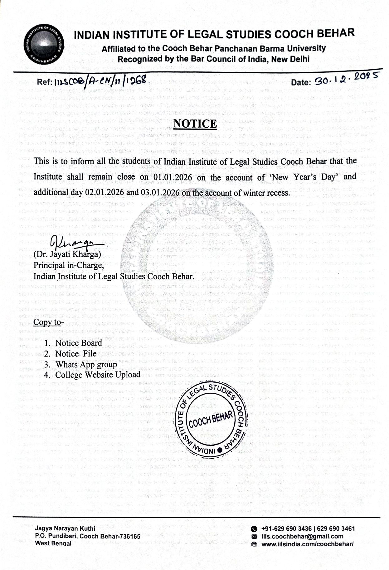 Holiday Notice for New Year's for all the Students