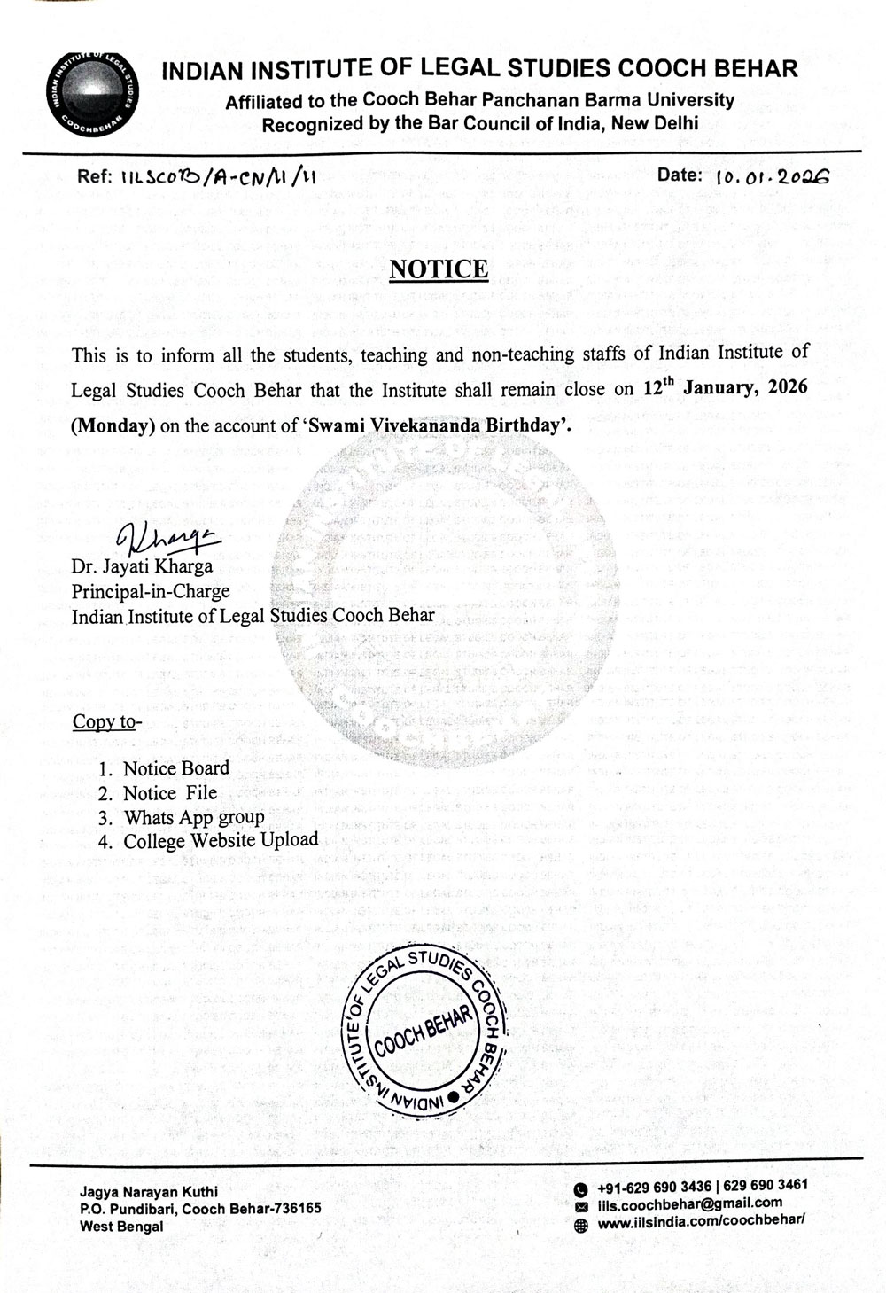 Holiday Notice for Swami Vivekananda's Birthday
