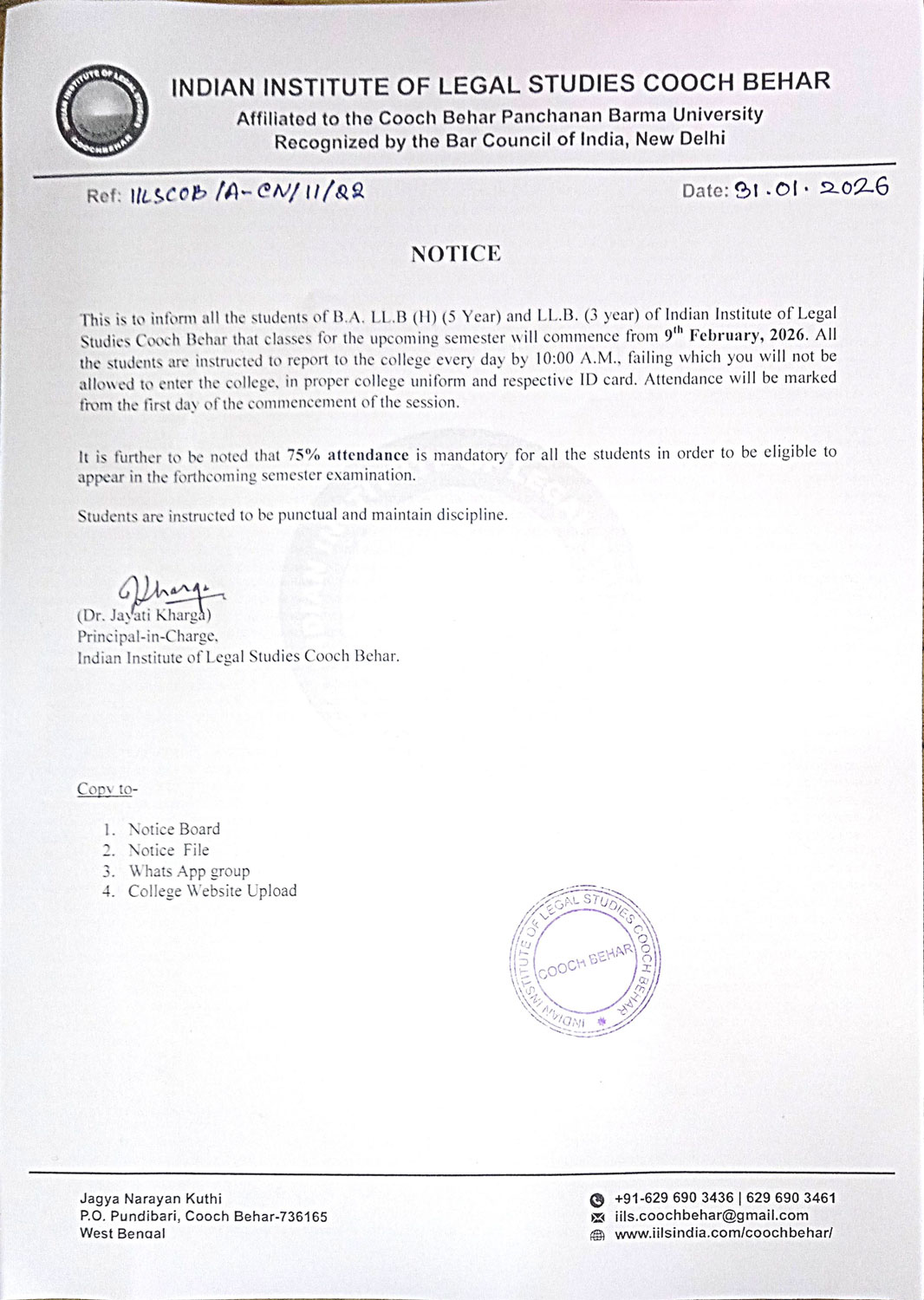 Notice for Commencement of Classes February 2026