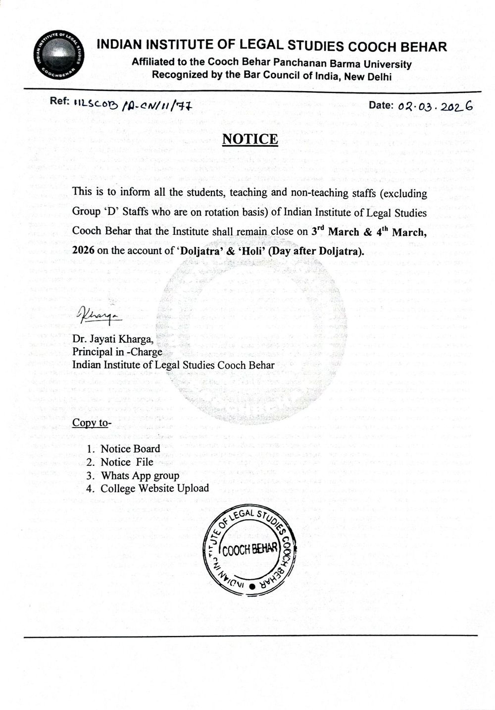 Holiday Notice for Doljatra & Holi