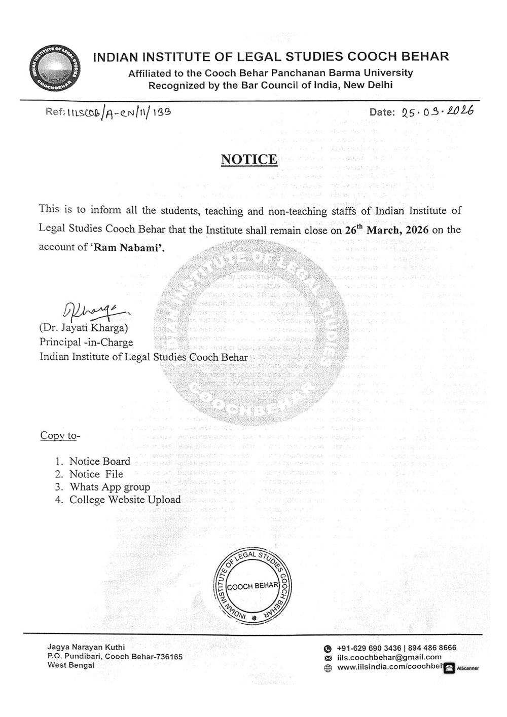 Holiday Notice for 26th March 2026 on Ram Navami