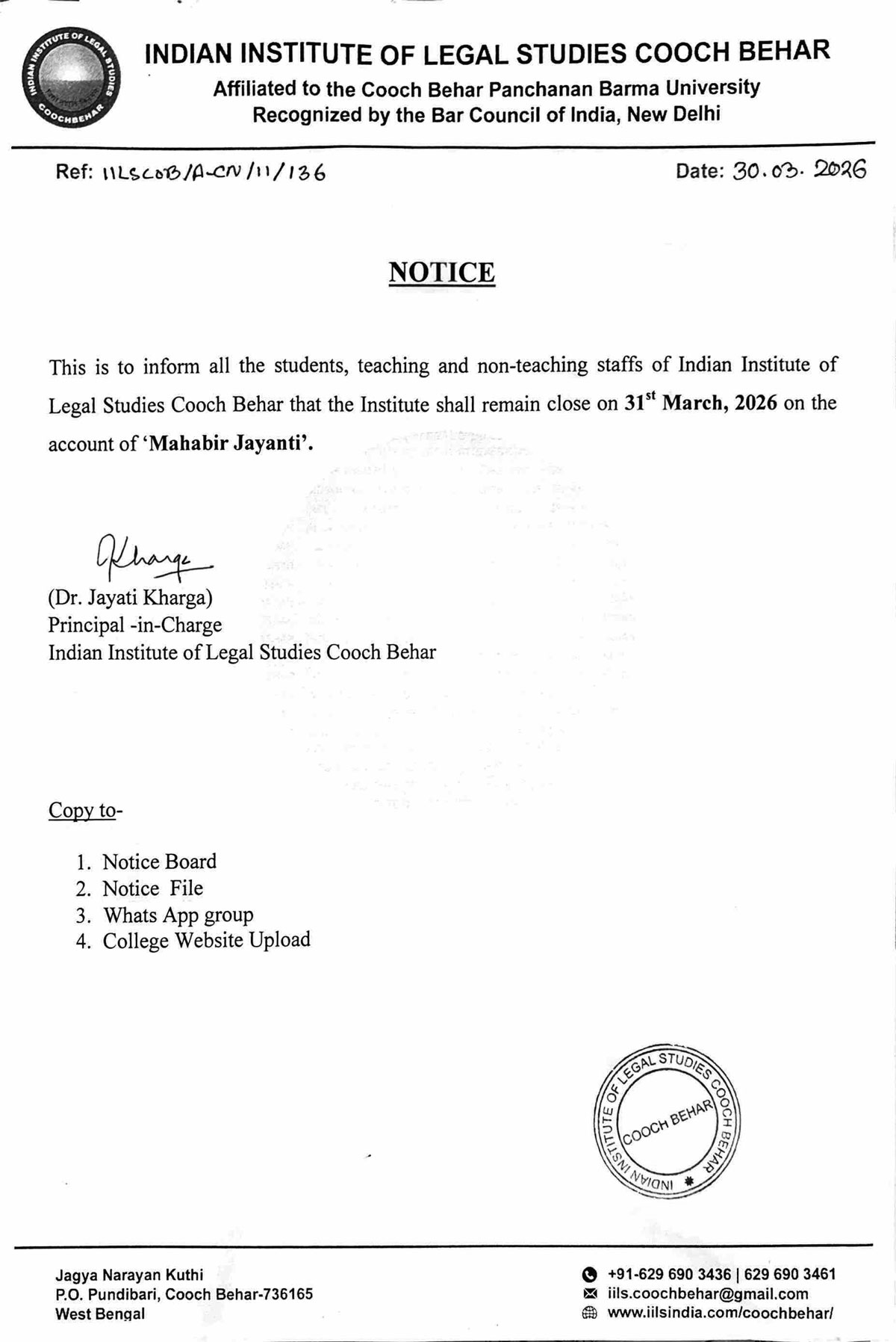 Notice for Mahabir Jayanti Holiday