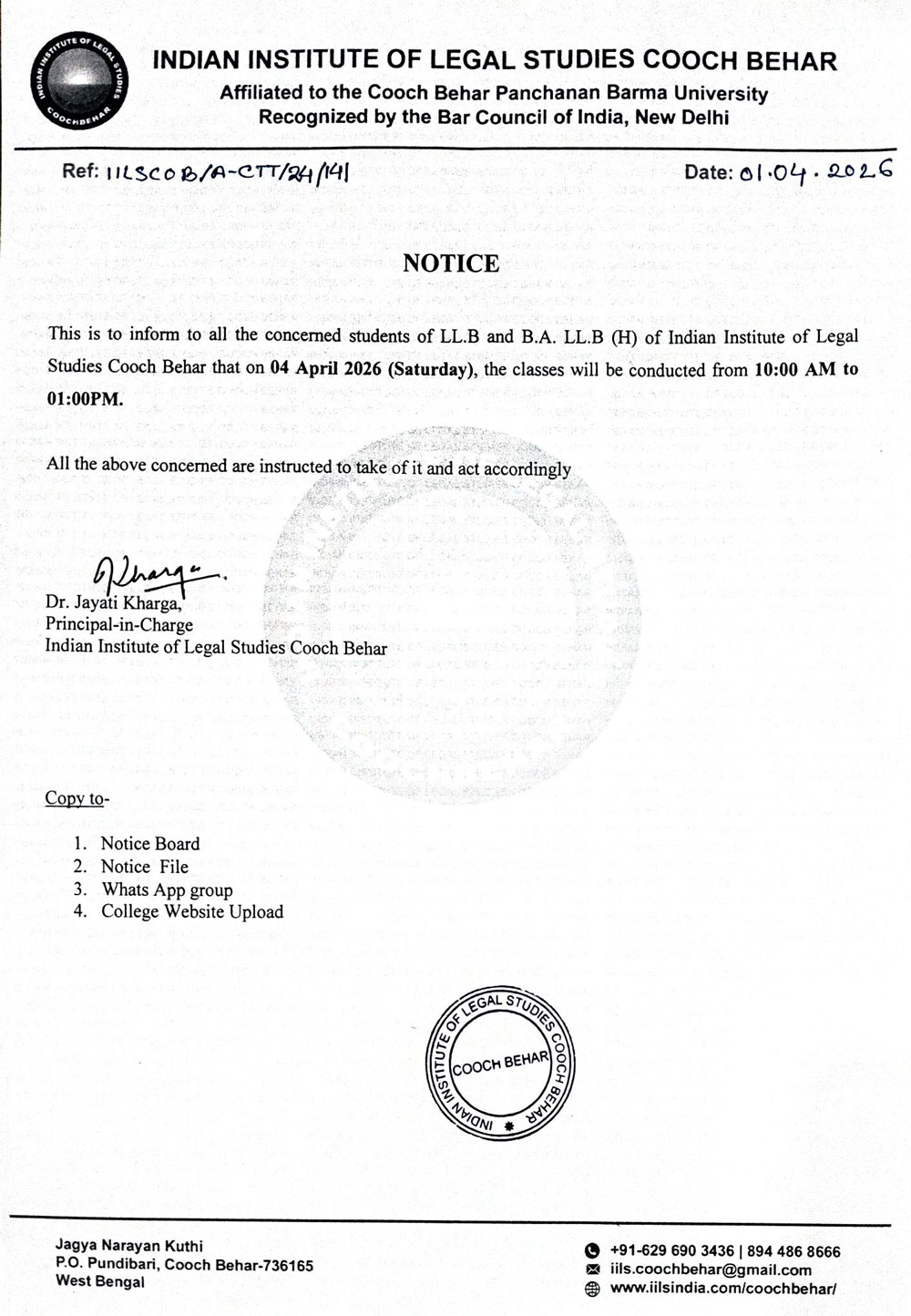 Notice for Saturday Classes