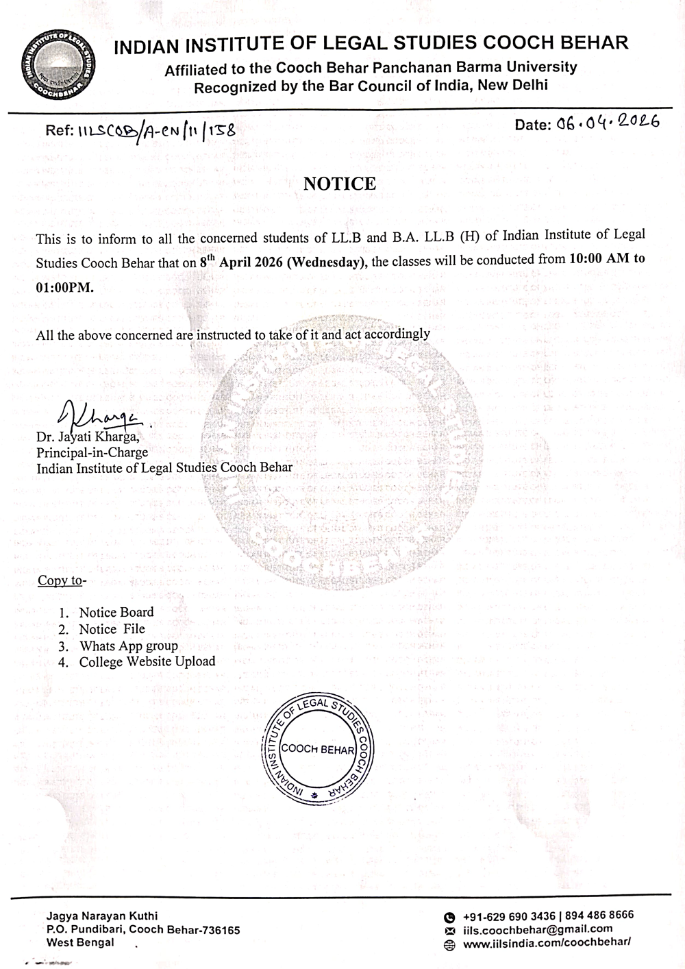 Notice Regarding Change in Class Timings on 8th April 2026