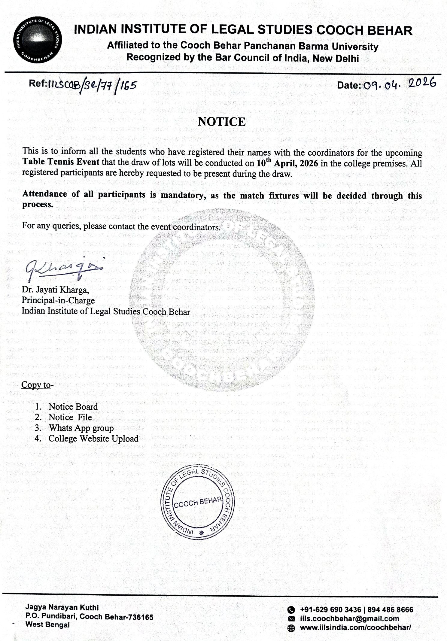 Notice for Table Tennis Event