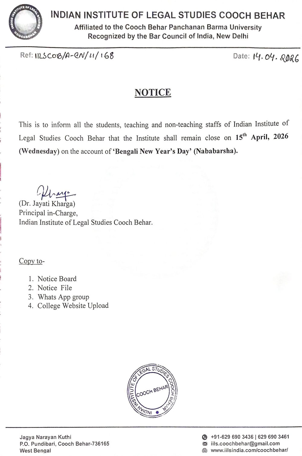 Holiday Notice for Bengali New Year