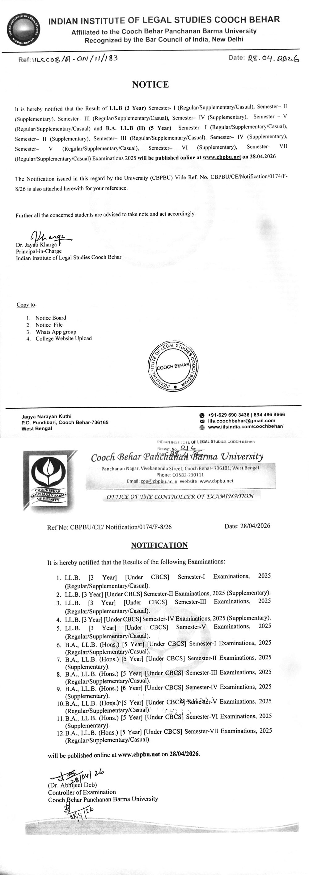 Notice for Publication of LLB Examination Results 2025