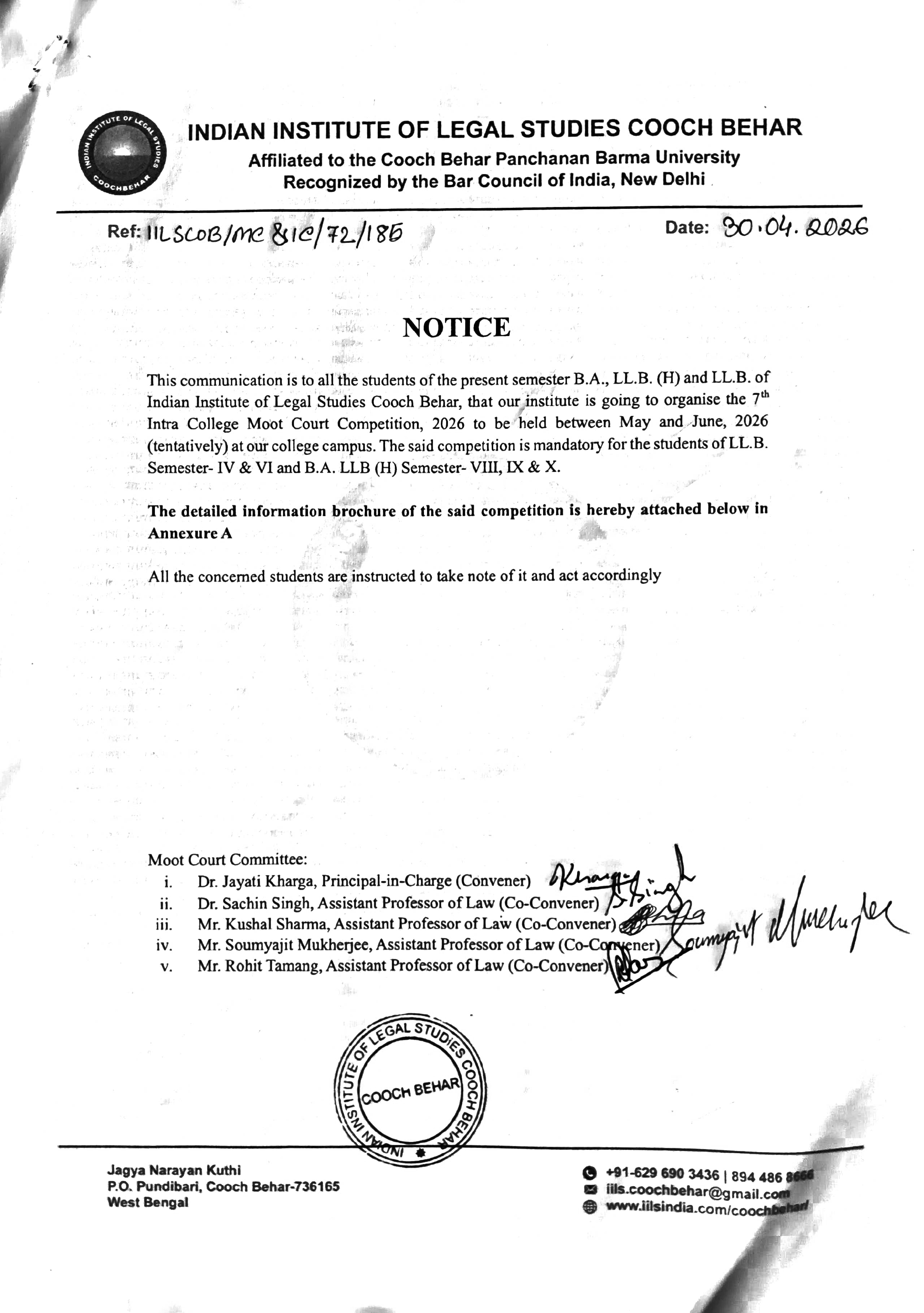 *Notice for 7th Intra College Moot Court Competition 2026