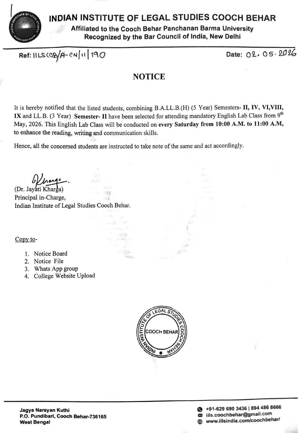 *Notice for English Lab Classes from 9 May 2026