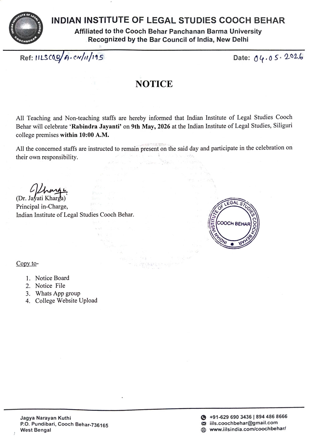 Notice for Celebration of Rabindra Jayanti on 9th May. 2026