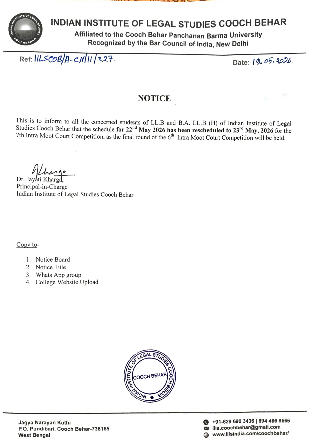 Notice for Rescheduling of 7th Intra Moot Court Competition Schedule