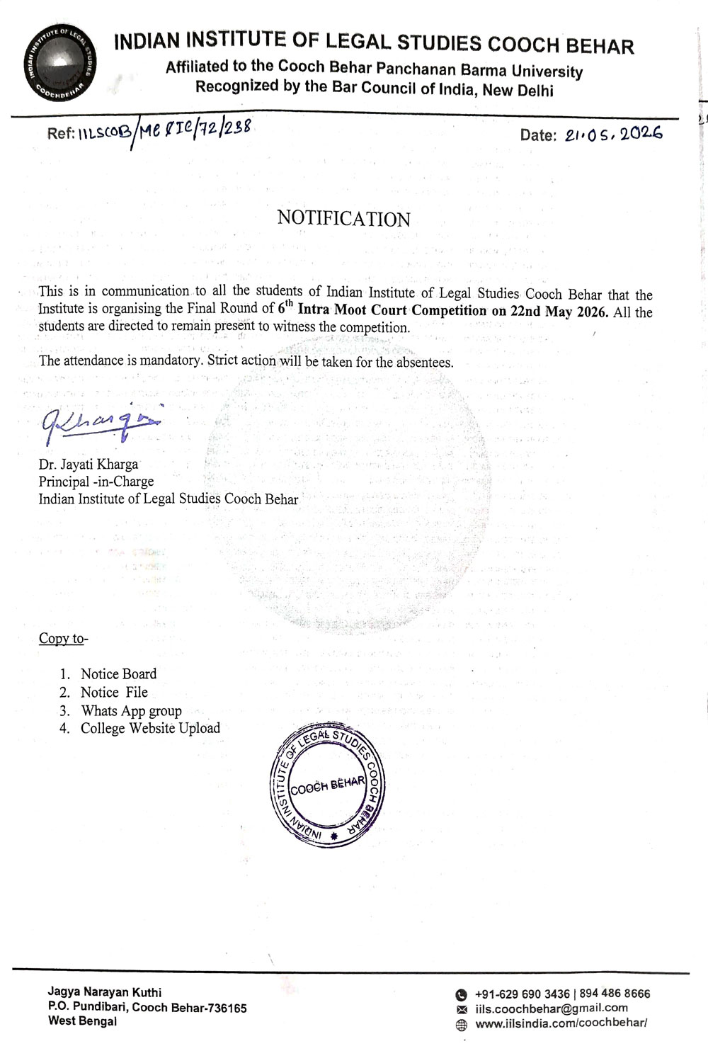 Notice for Final Round of 6th Intra Moot Court Competition