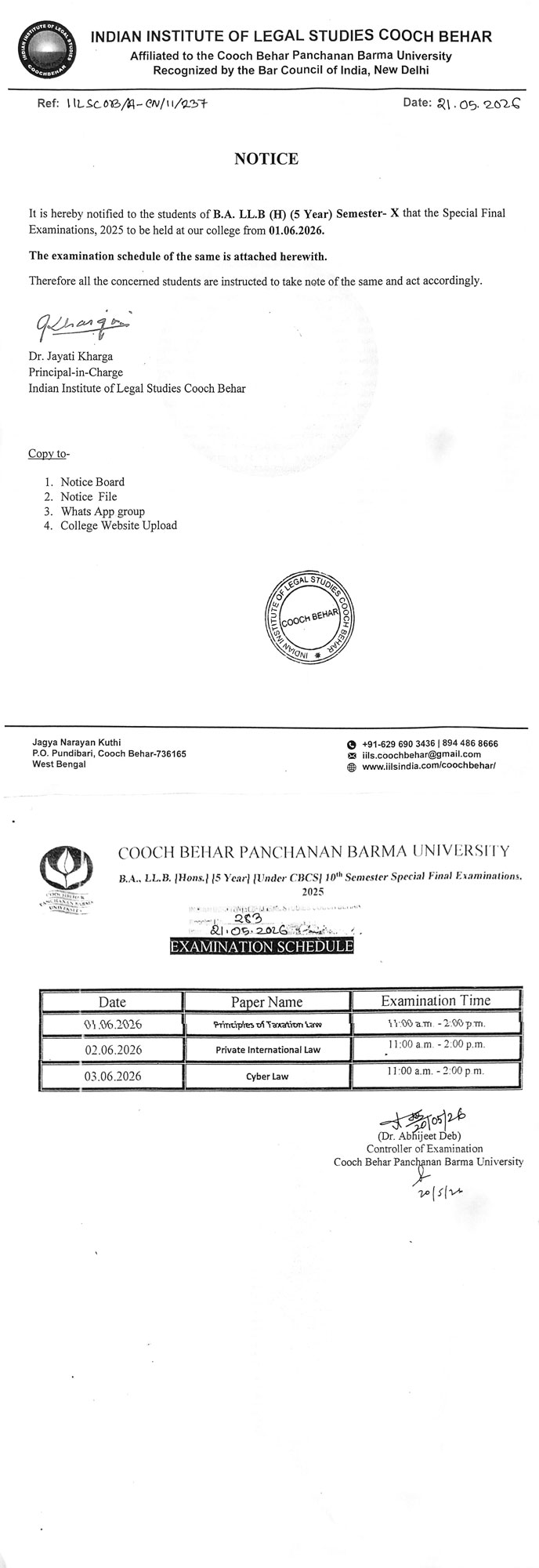 Notice Regarding Special Final Examinations, 2025