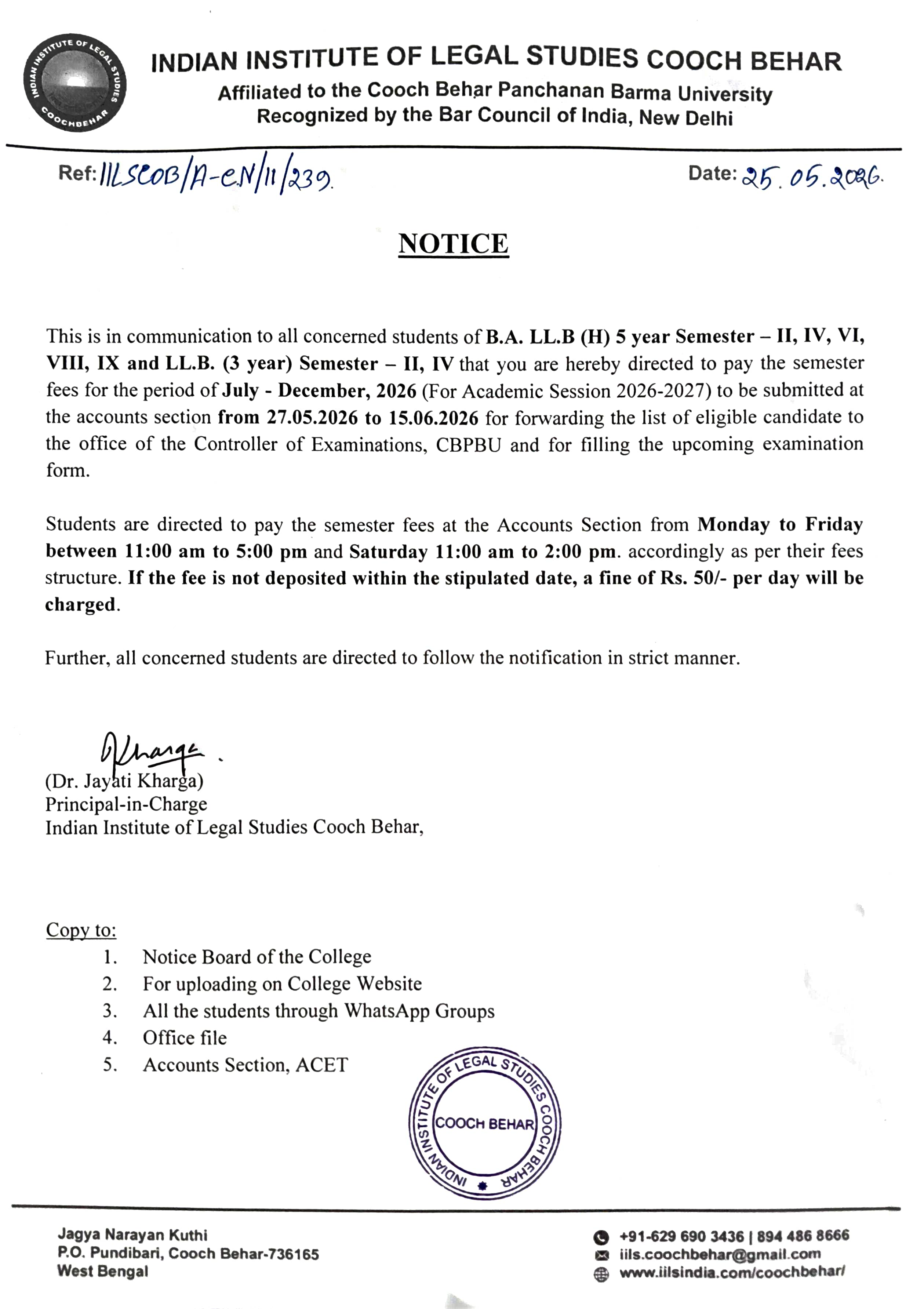 Notice Regarding Submission of Semester Fees