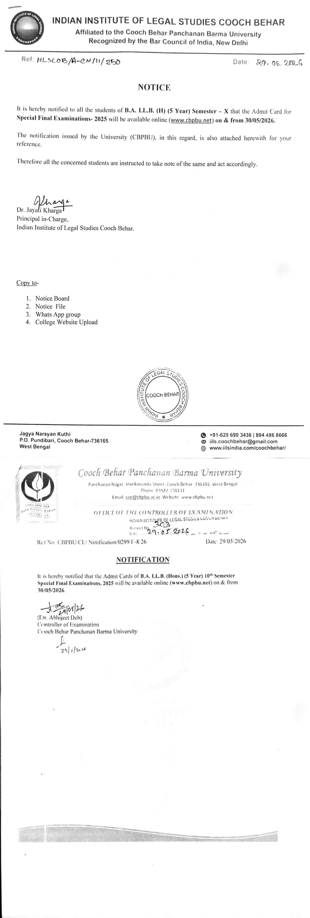 Notice for B.A. LL.B Semester X - Admit Card for Special Final Examination 2025