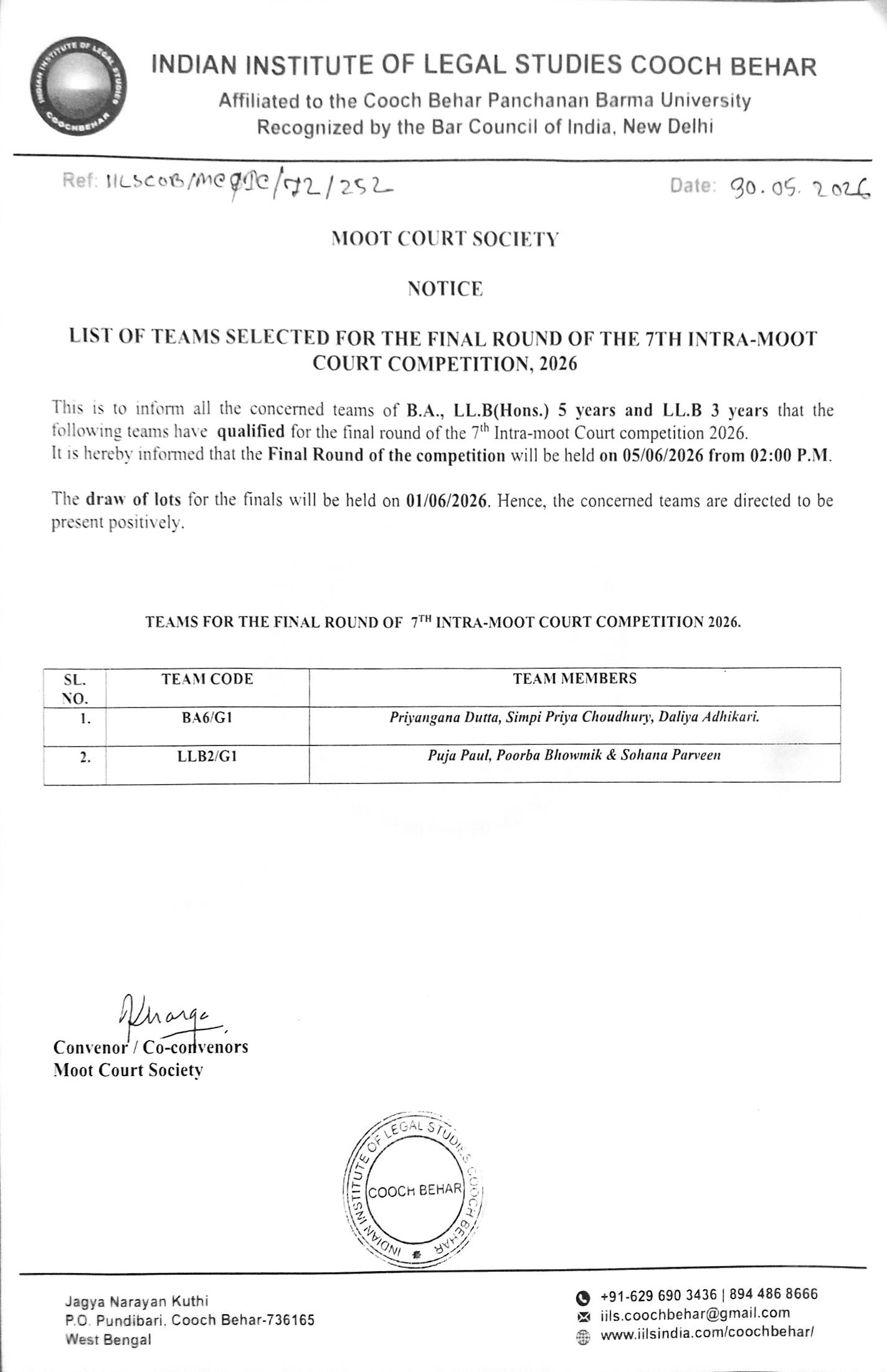 Notice for List of Teams Selected for the Round – 7th Intra-Moot Court Competition 2026