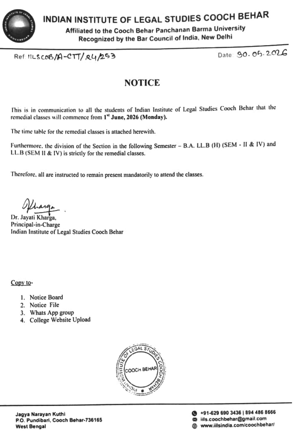 *Notice for Remedial Classes and Section Division