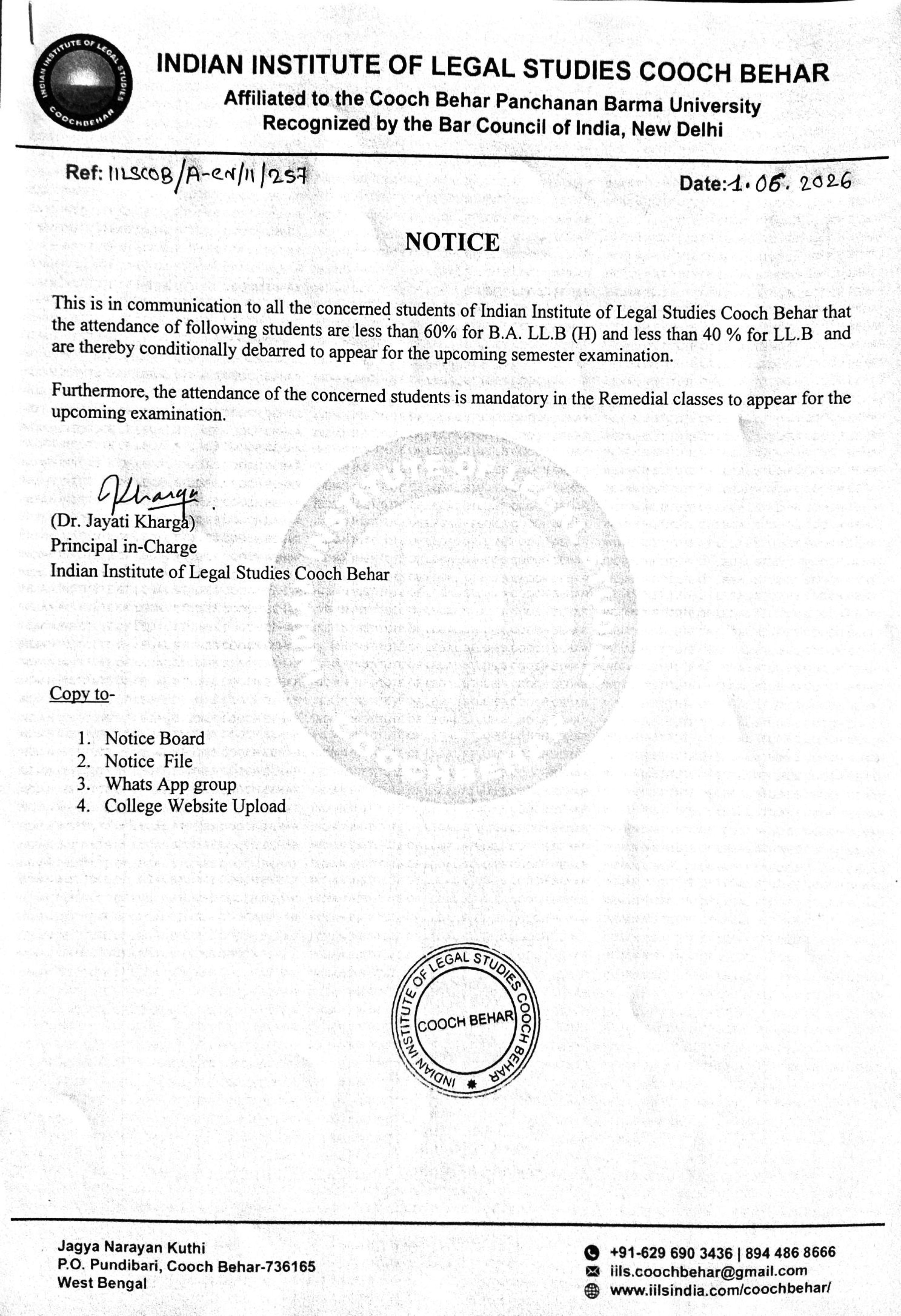 *Notice Regarding Conditionally Debarred Students Due to Low Attendance