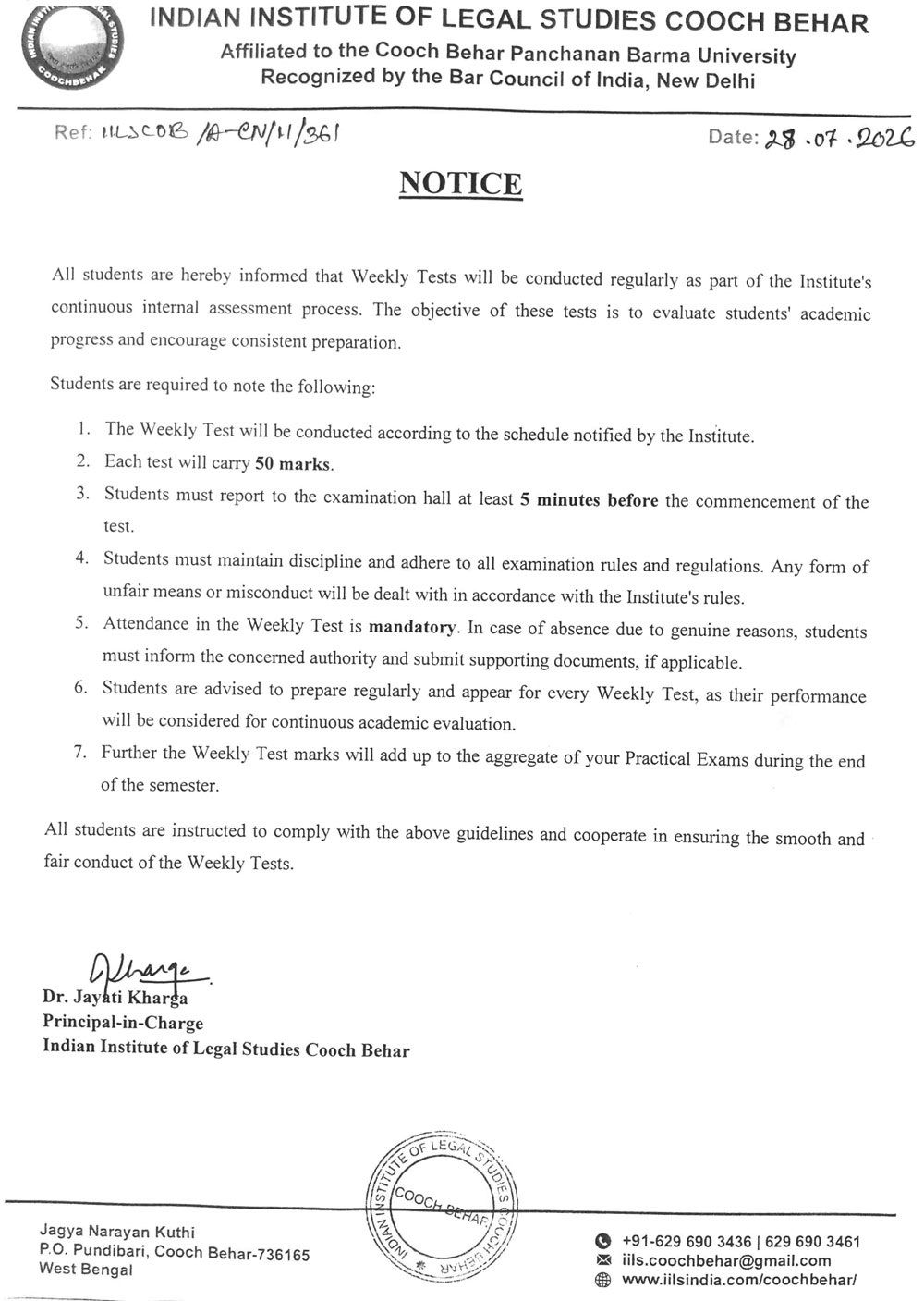*Notice for Weekly Test Routine
