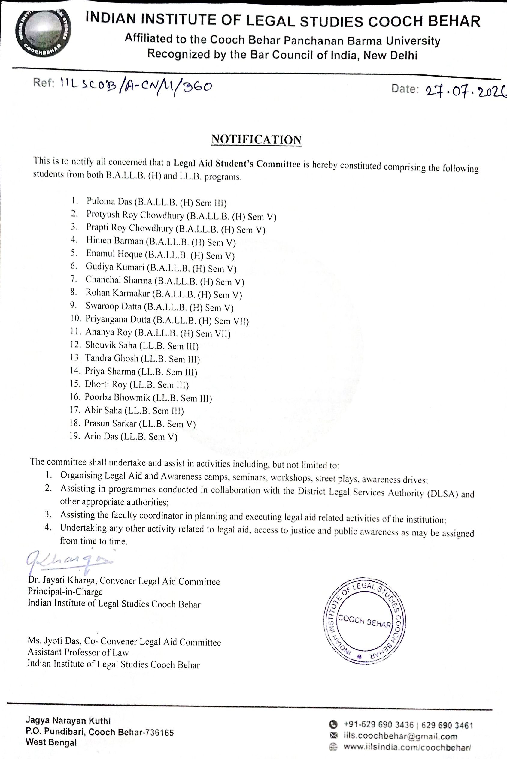 Notification Regarding Legal Aid Students Committee