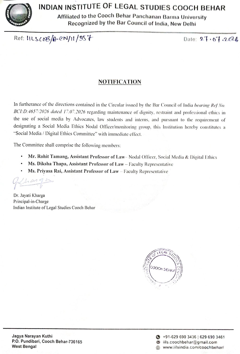 Notice for Nodal Officer and Social Media Committee