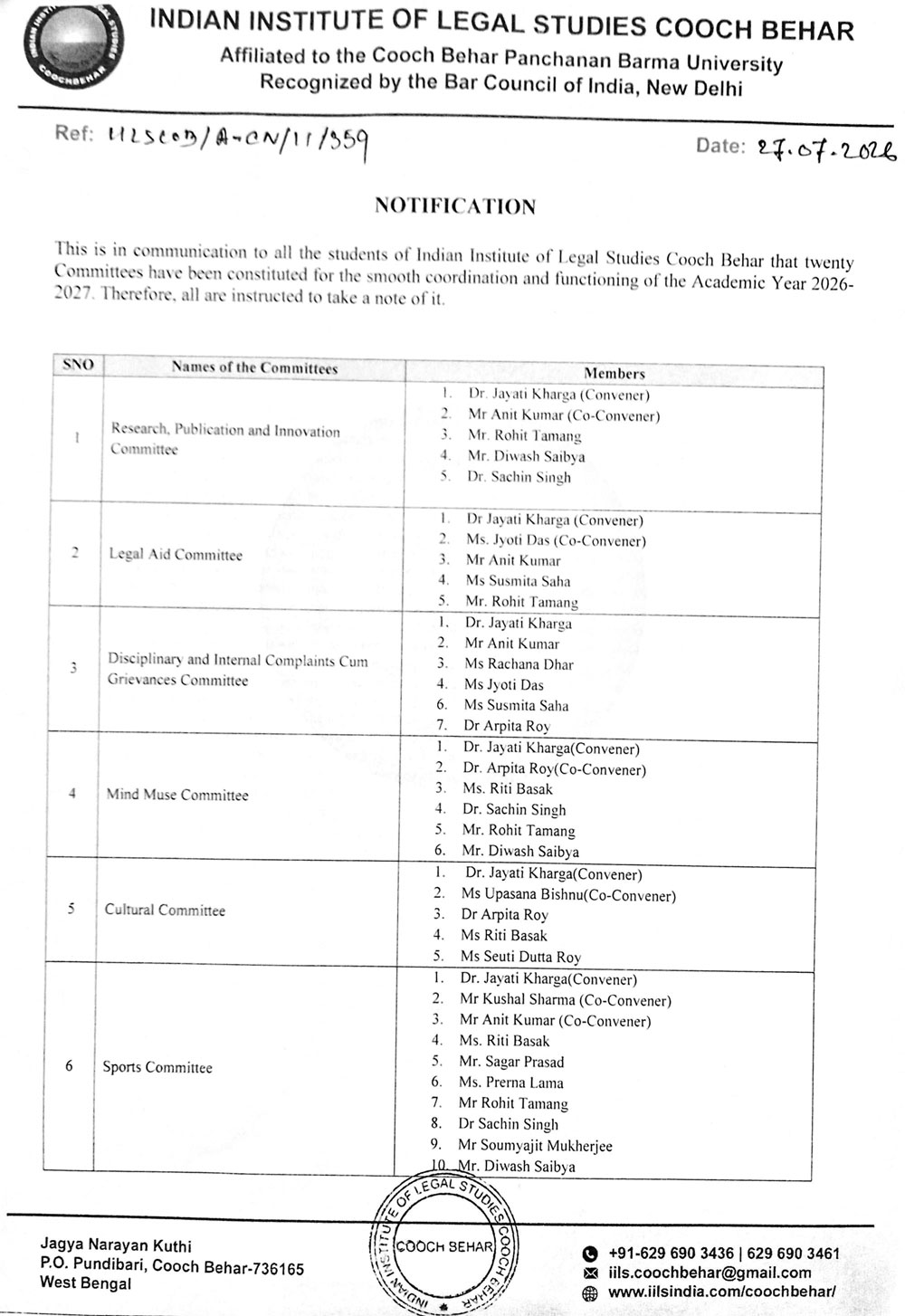*Notification Regarding Committee List