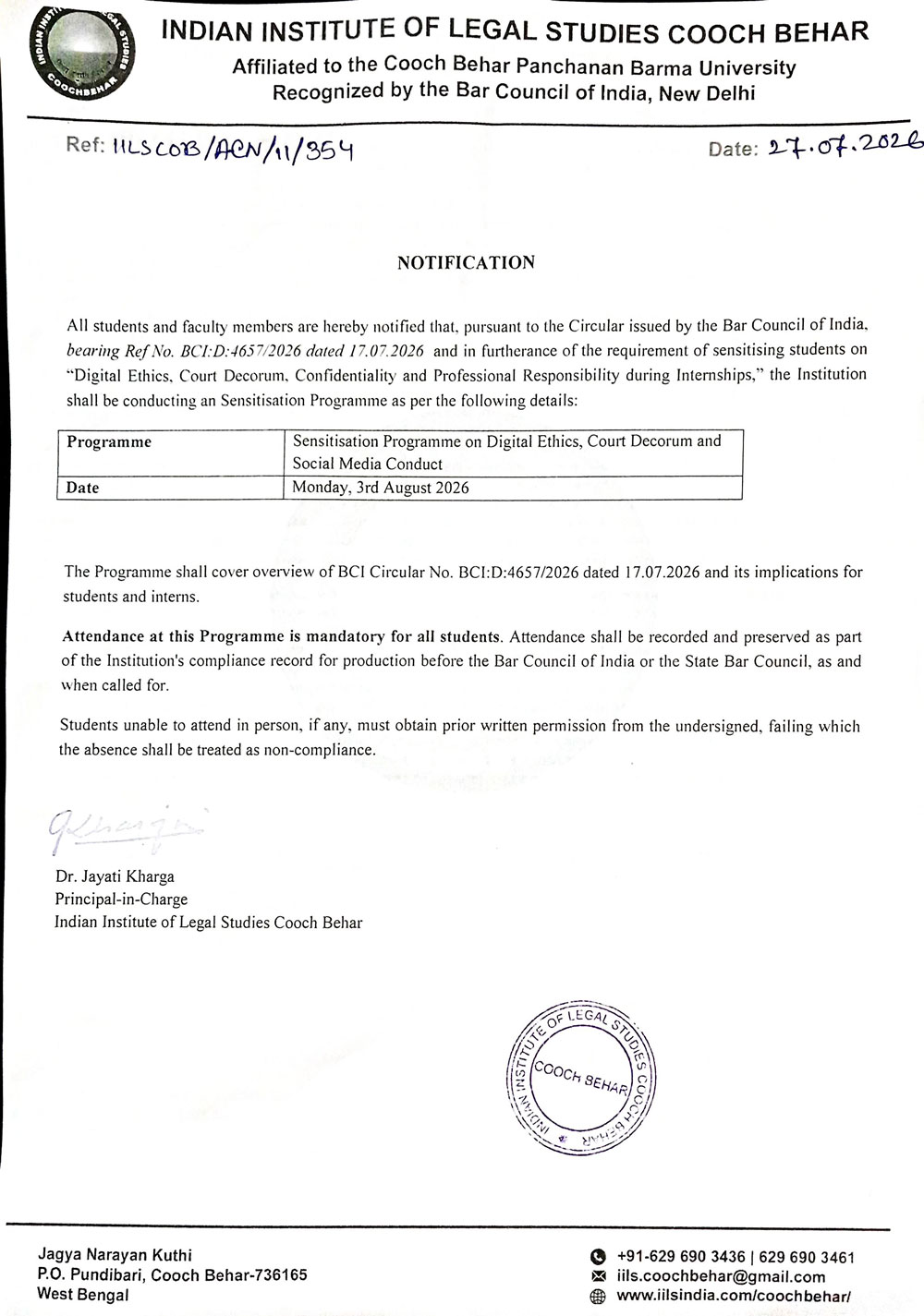 Notification Regarding Sensitization Prograam