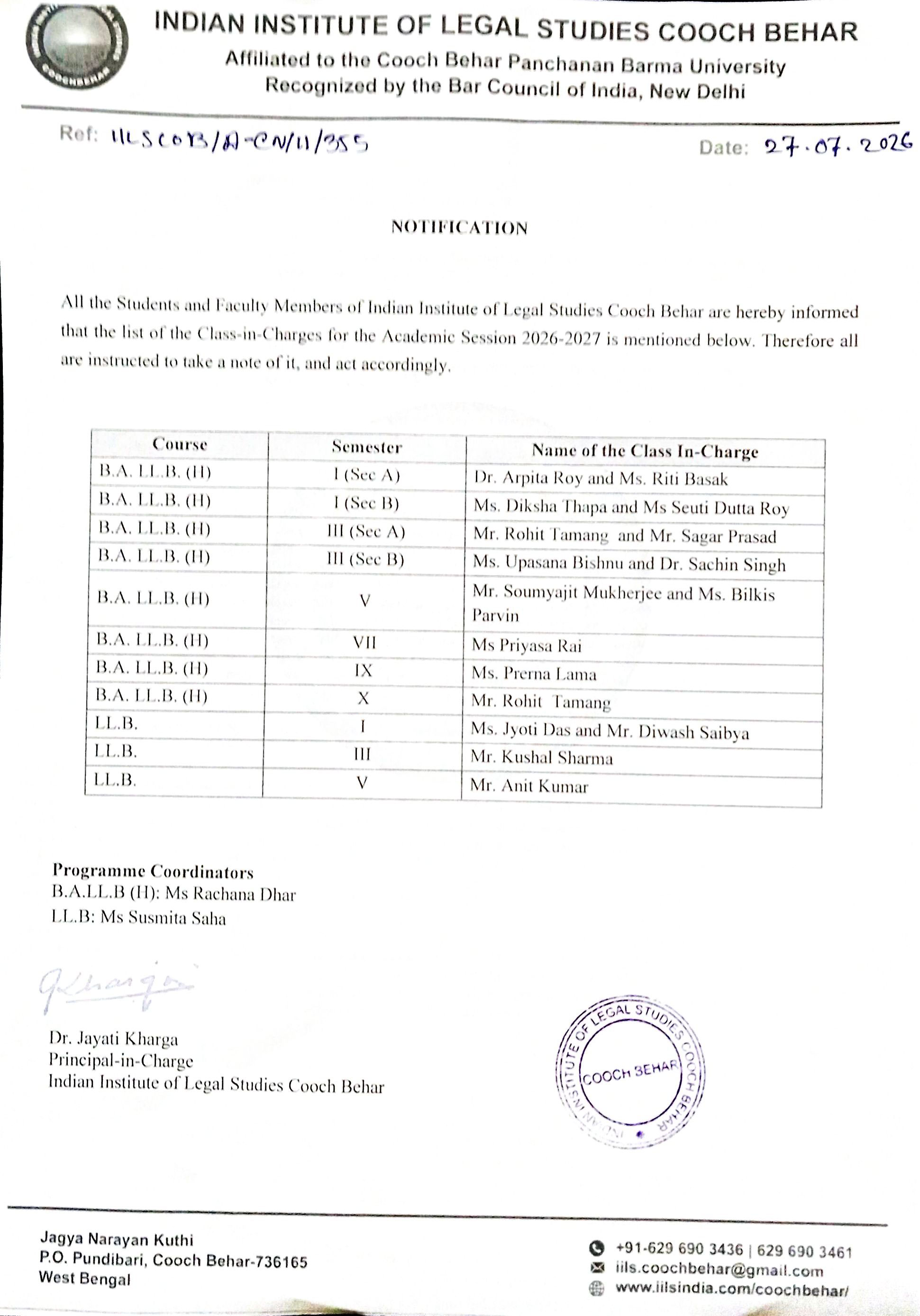 Notification Regarding Class In Charge list