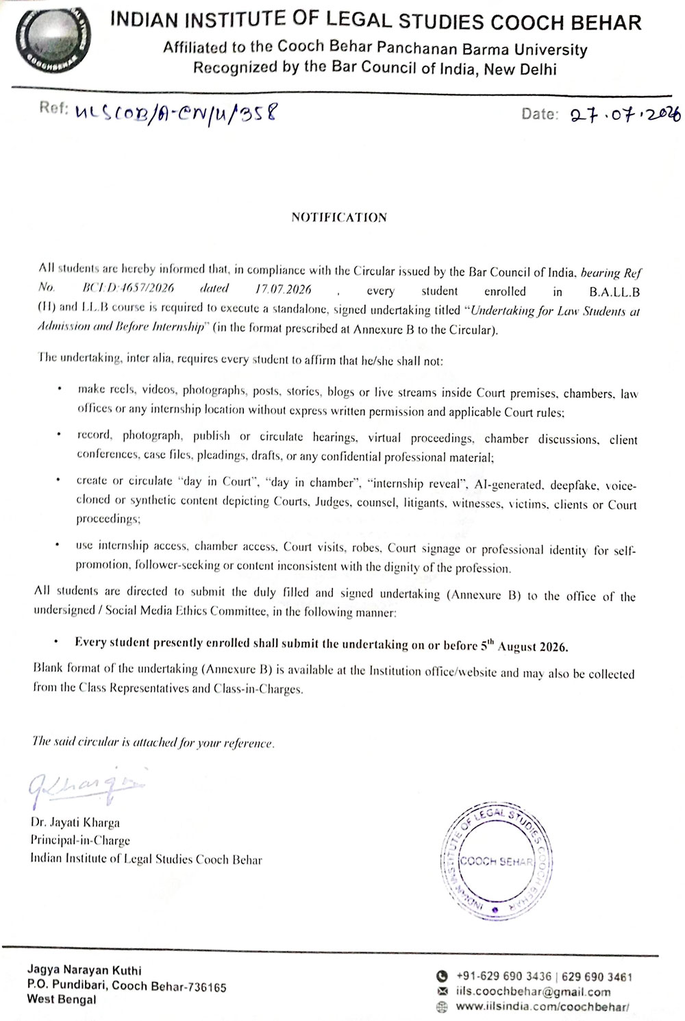 *Notification Regarding BCI Circular