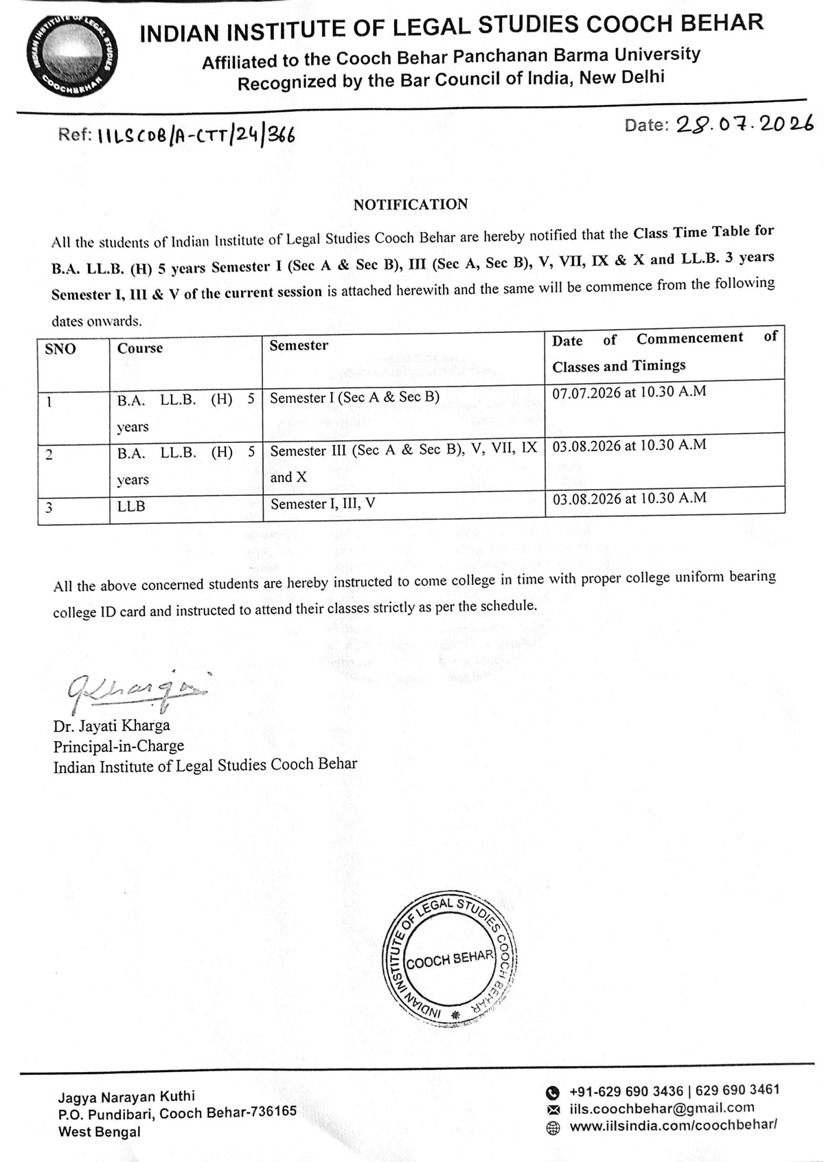 *Notification Regarding Class Time Table