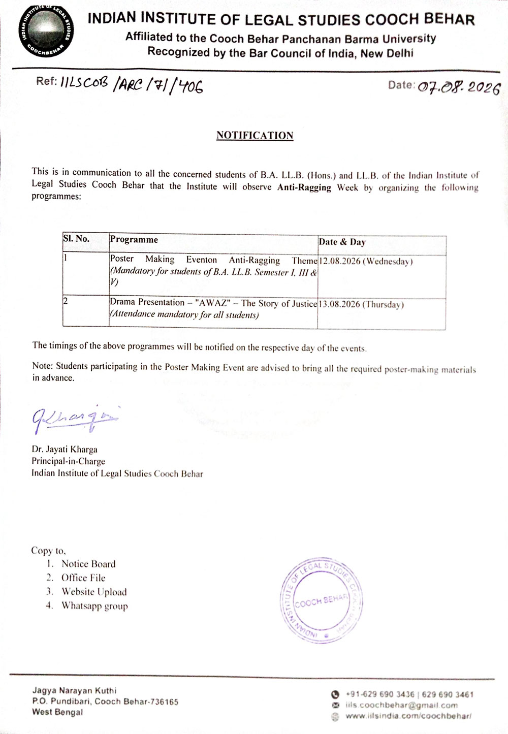 Notice for Anti Ragging Week 2026