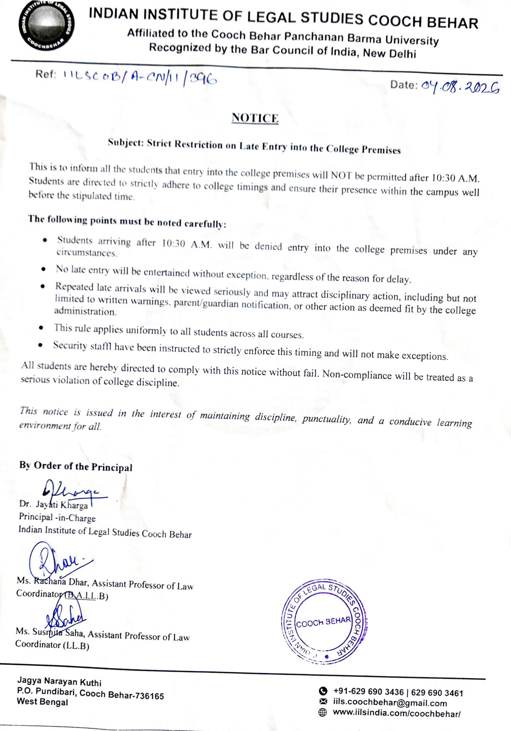 Notification Regarding Late Entry
